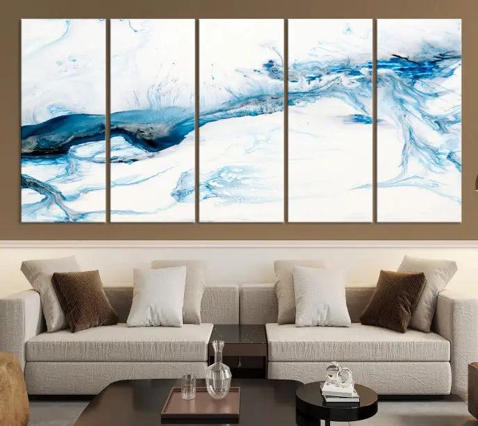 The living room features an eye-catching Blue White Marble Fluid Effect Wall Art Abstract Canvas Wall Art Print, professionally crafted on museum-quality canvas and adding a sophisticated touch to the dimly lit space.