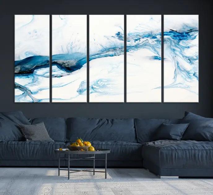 The living room features an eye-catching Blue White Marble Fluid Effect Wall Art Abstract Canvas Wall Art Print, professionally crafted on museum-quality canvas and adding a sophisticated touch to the dimly lit space.