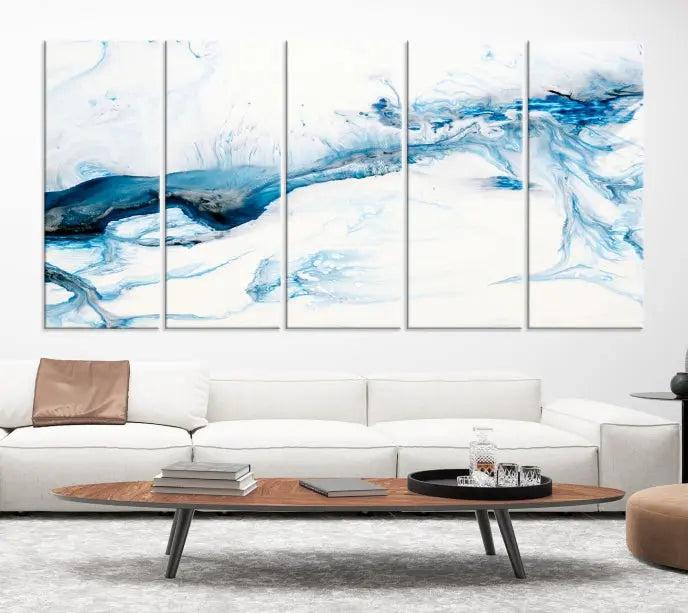 The living room features an eye-catching Blue White Marble Fluid Effect Wall Art Abstract Canvas Wall Art Print, professionally crafted on museum-quality canvas and adding a sophisticated touch to the dimly lit space.