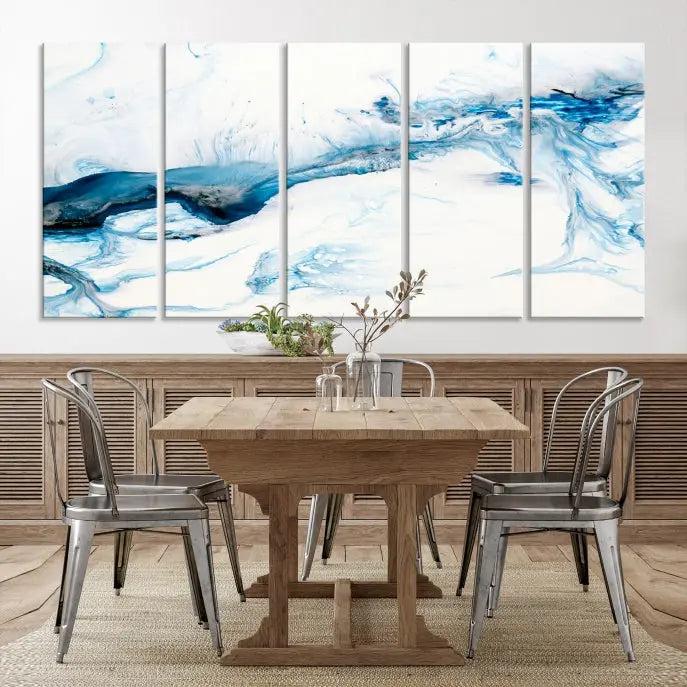 The living room features an eye-catching Blue White Marble Fluid Effect Wall Art Abstract Canvas Wall Art Print, professionally crafted on museum-quality canvas and adding a sophisticated touch to the dimly lit space.