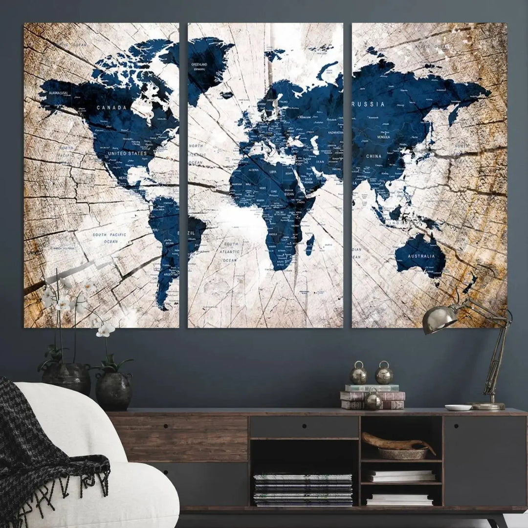 Blue World Map Canvas Wall Art – Rustic Style Triptych Global Decor for Living Room or Office – Ready to Hang