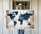 78956-MGV-FC-36X24_White-Blue World Map Canvas Wall Art – Rustic Style Triptych Global Decor for Living Room or Office – Ready to Hang