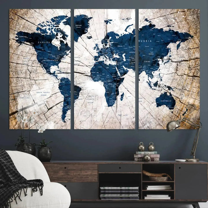 Blue World Map Canvas Wall Art – Rustic Style Triptych Global Decor for Living Room or Office – Ready to Hang