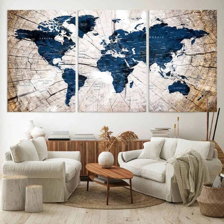 Blue World Map Canvas Wall Art – Rustic Style Triptych Global Decor for Living Room or Office – Ready to Hang
