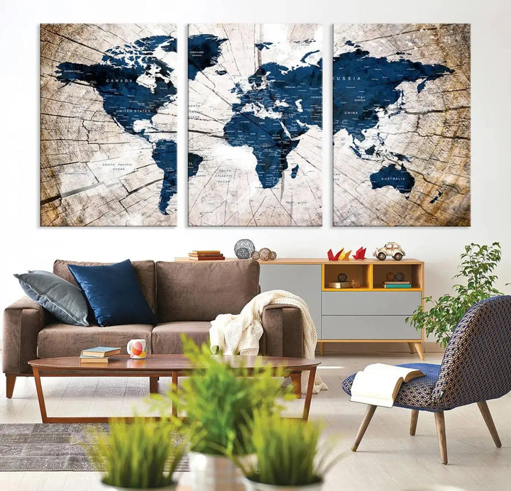 Blue World Map Canvas Wall Art – Rustic Style Triptych Global Decor for Living Room or Office – Ready to Hang