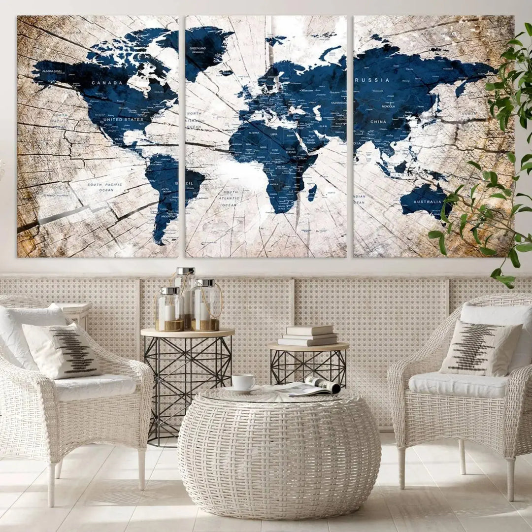 Blue World Map Canvas Wall Art – Rustic Style Triptych Global Decor for Living Room or Office – Ready to Hang