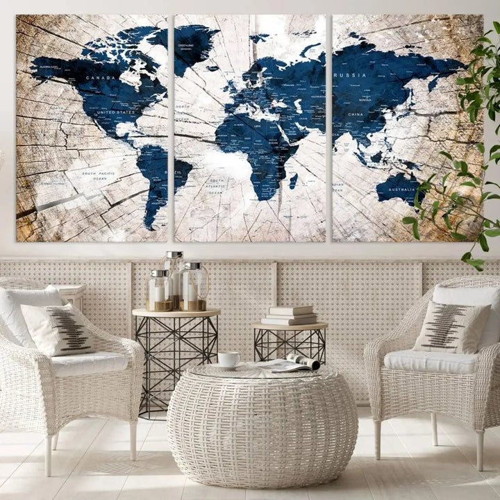 Blue World Map Canvas Wall Art – Rustic Style Triptych Global Decor for Living Room or Office – Ready to Hang