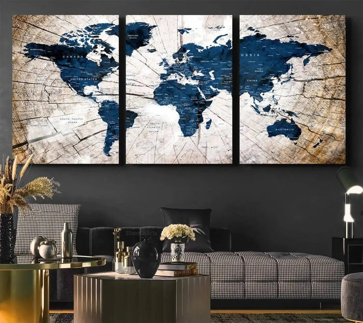 Blue World Map Canvas Wall Art – Rustic Style Triptych Global Decor for Living Room or Office – Ready to Hang