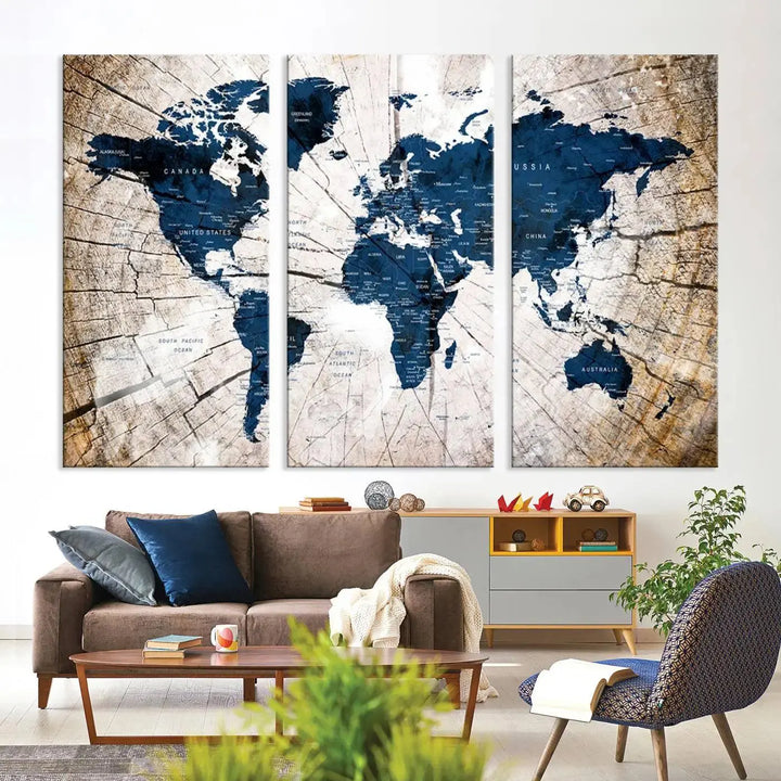 Blue World Map Canvas Wall Art – Rustic Style Triptych Global Decor for Living Room or Office – Ready to Hang