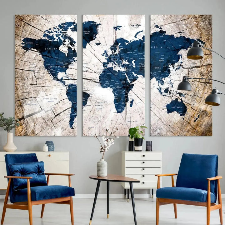 Blue World Map Canvas Wall Art – Rustic Style Triptych Global Decor for Living Room or Office – Ready to Hang
