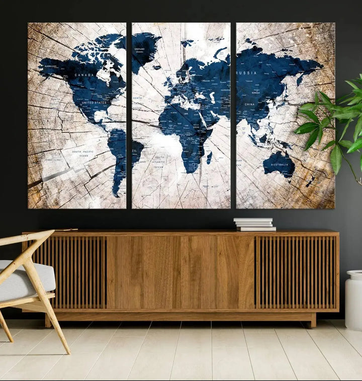 Blue World Map Canvas Wall Art – Rustic Style Triptych Global Decor for Living Room or Office – Ready to Hang