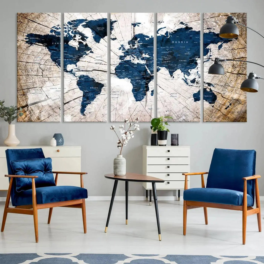 Blue World Map Canvas Wall Art – Rustic Style Triptych Global Decor for Living Room or Office – Ready to Hang