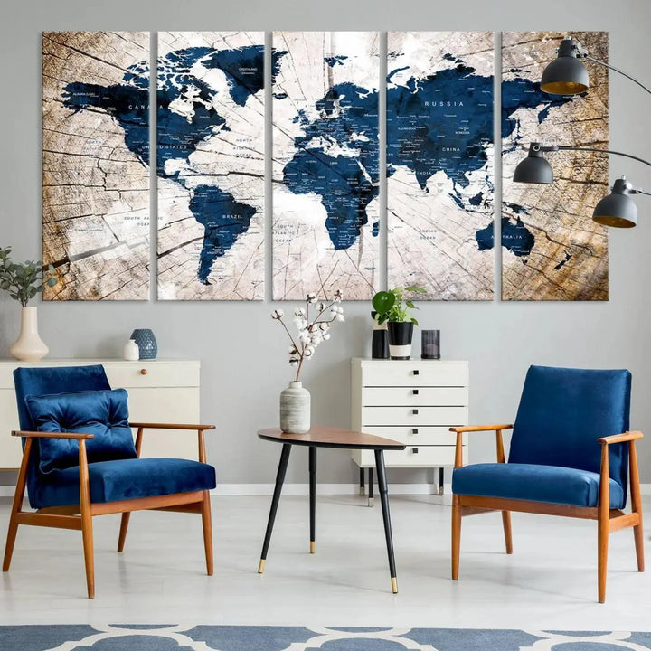 Blue World Map Canvas Wall Art – Rustic Style Triptych Global Decor for Living Room or Office – Ready to Hang