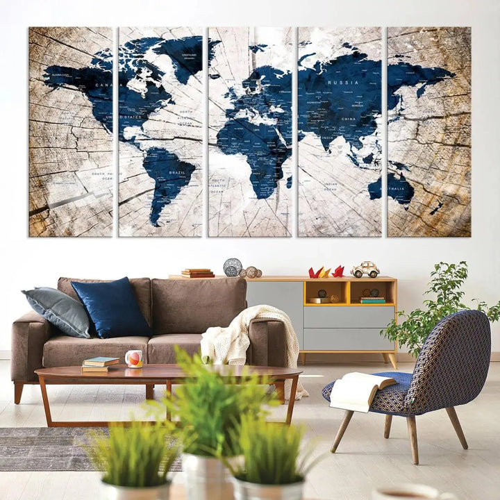 Blue World Map Canvas Wall Art – Rustic Style Triptych Global Decor for Living Room or Office – Ready to Hang