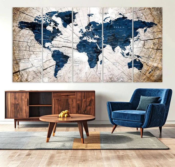 Blue World Map Canvas Wall Art – Rustic Style Triptych Global Decor for Living Room or Office – Ready to Hang