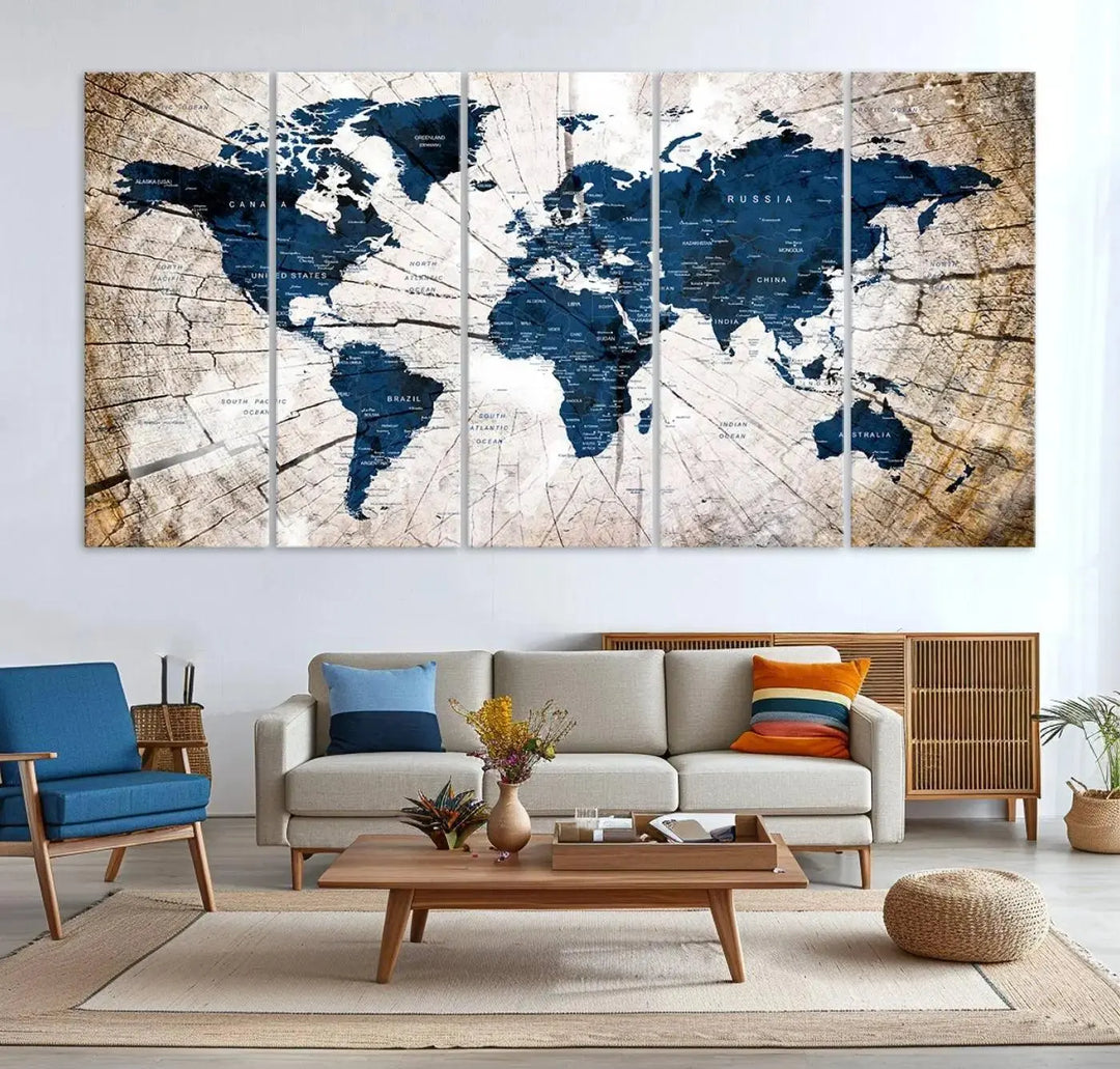 Blue World Map Canvas Wall Art – Rustic Style Triptych Global Decor for Living Room or Office – Ready to Hang