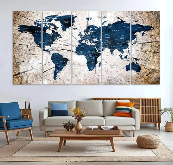 Blue World Map Canvas Wall Art – Rustic Style Triptych Global Decor for Living Room or Office – Ready to Hang