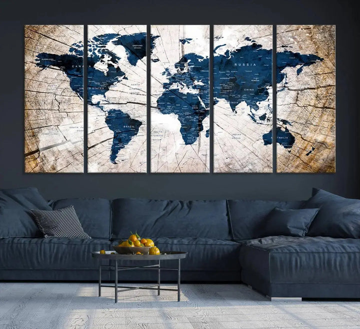 Blue World Map Canvas Wall Art – Rustic Style Triptych Global Decor for Living Room or Office – Ready to Hang