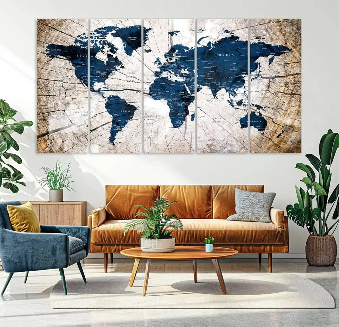Blue World Map Canvas Wall Art – Rustic Style Triptych Global Decor for Living Room or Office – Ready to Hang