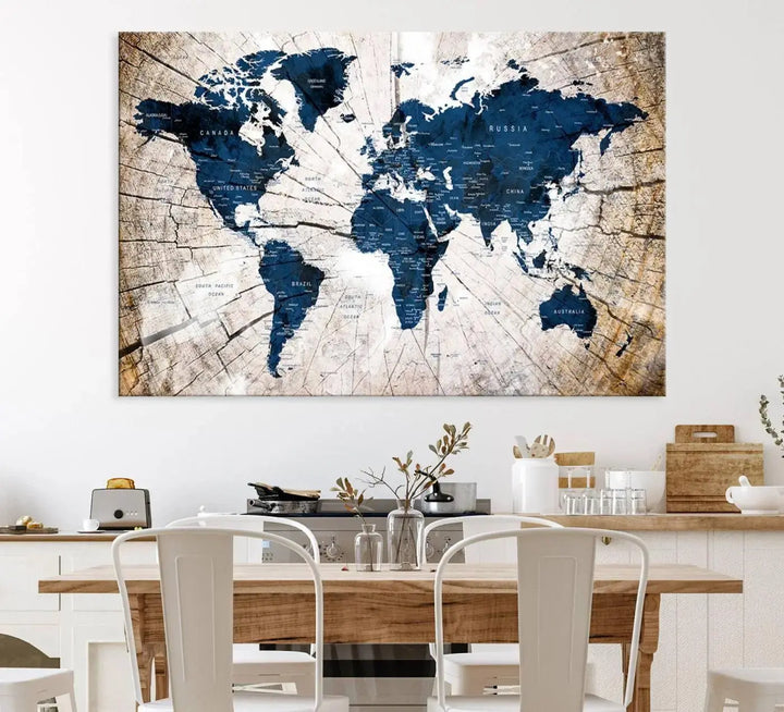 Blue World Map Canvas Wall Art – Rustic Style Triptych Global Decor for Living Room or Office – Ready to Hang