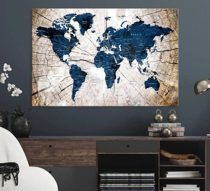 Blue World Map Canvas Wall Art – Rustic Style Triptych Global Decor for Living Room or Office – Ready to Hang