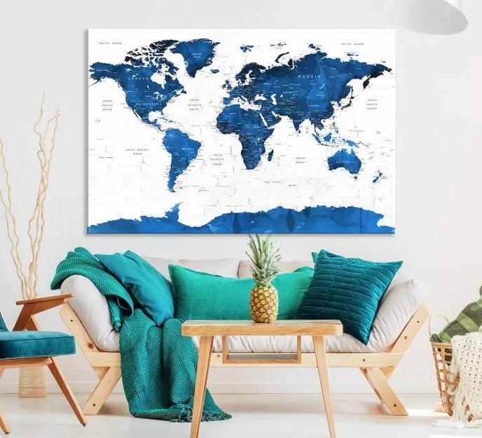 Blue World Map Wall Art Canvas Print 