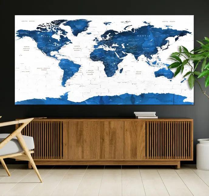 Blue World Map Wall Art Canvas Print 