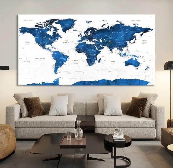 Blue World Map Wall Art Canvas Print 