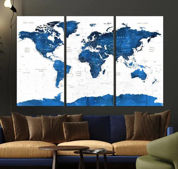 Blue World Map Wall Art Canvas Print 