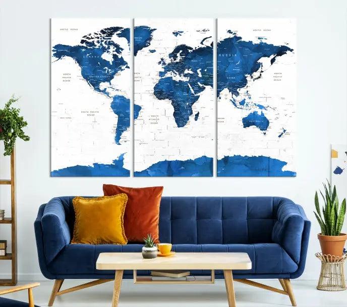 Blue World Map Wall Art Canvas Print 