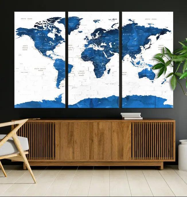 Blue World Map Wall Art Canvas Print 