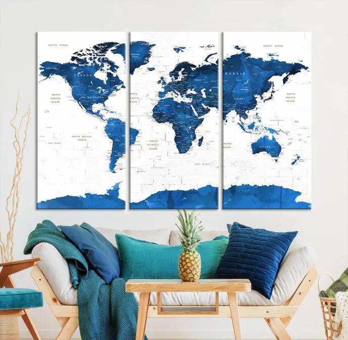 Blue World Map Wall Art Canvas Print 