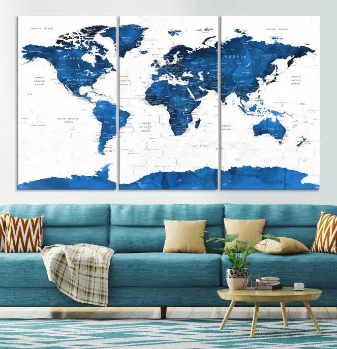 Blue World Map Wall Art Canvas Print 