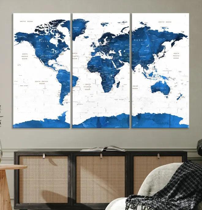 Blue World Map Wall Art Canvas Print 