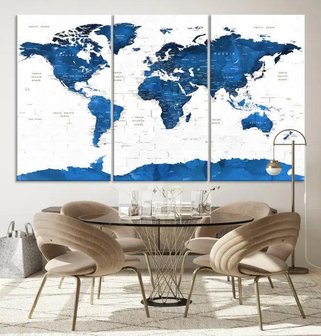 Blue World Map Wall Art Canvas Print 