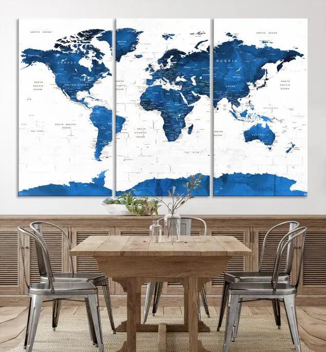 Blue World Map Wall Art Canvas Print 