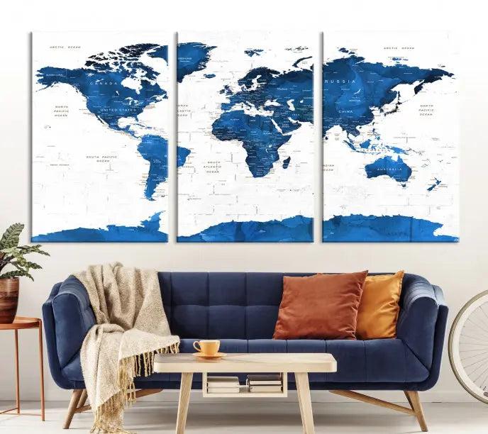 Blue World Map Wall Art Canvas Print 