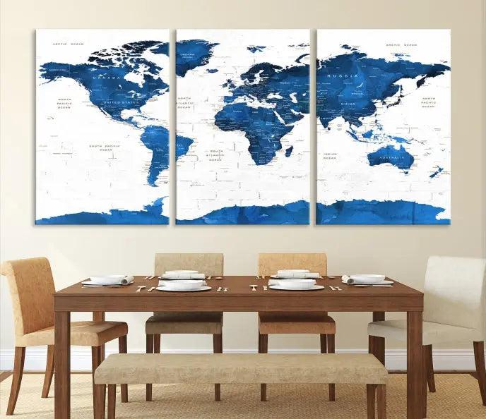 Blue World Map Wall Art Canvas Print 