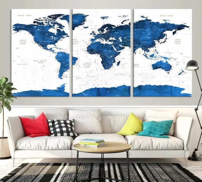 Blue World Map Wall Art Canvas Print 