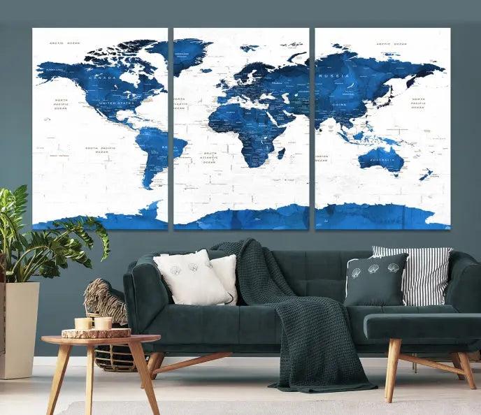 Blue World Map Wall Art Canvas Print 