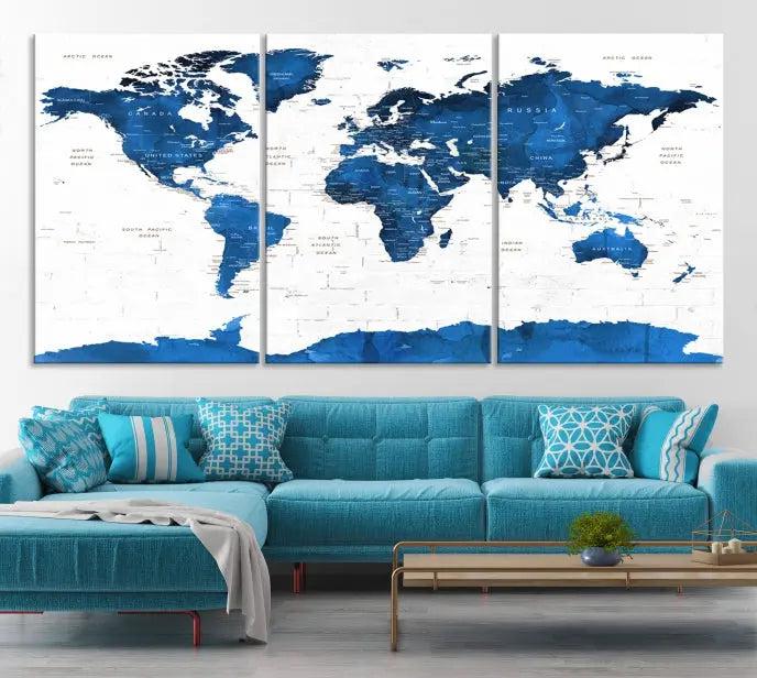 Blue World Map Wall Art Canvas Print 