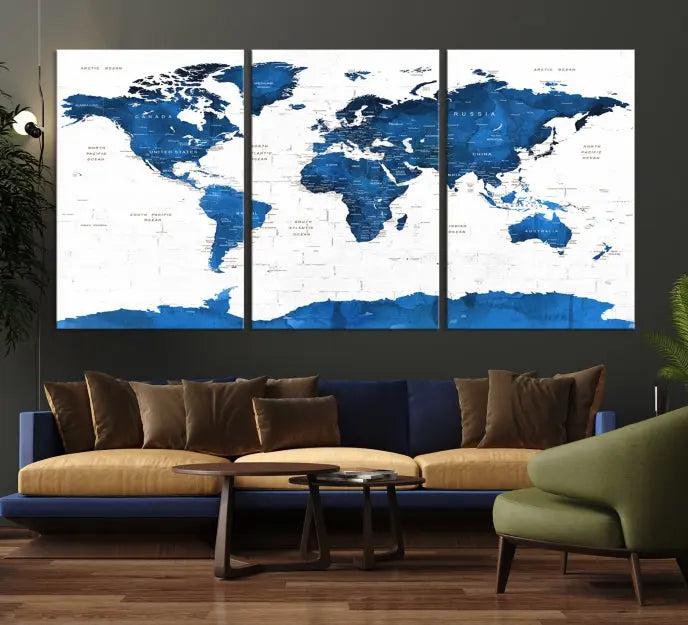 Blue World Map Wall Art Canvas Print 