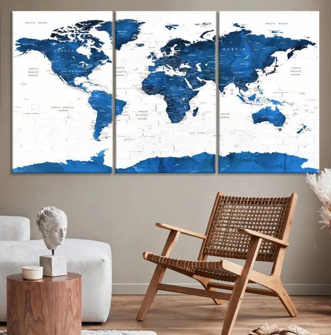 Blue World Map Wall Art Canvas Print 