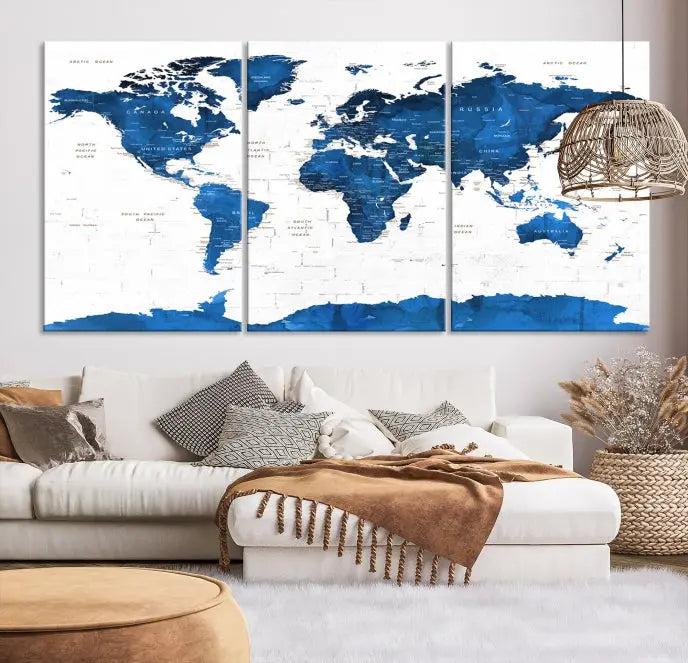 Blue World Map Wall Art Canvas Print 