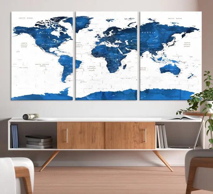 Blue World Map Wall Art Canvas Print 