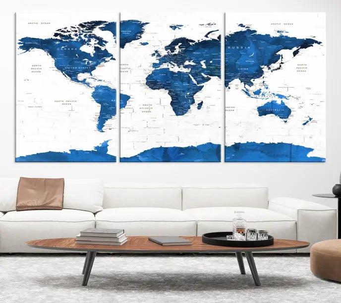 Blue World Map Wall Art Canvas Print 