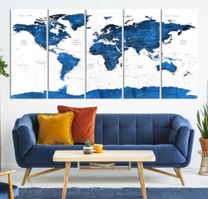 Blue World Map Wall Art Canvas Print 