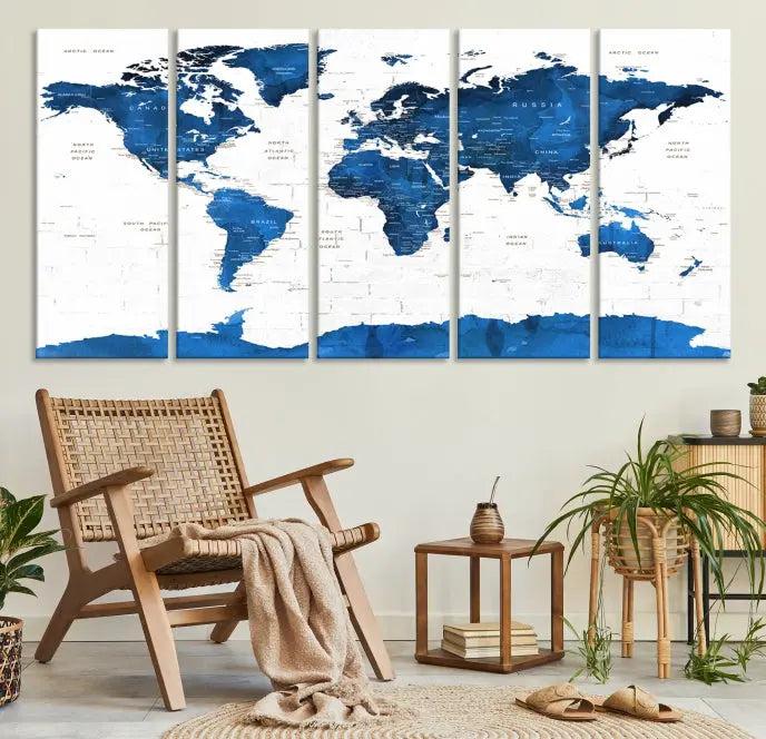 Blue World Map Wall Art Canvas Print 