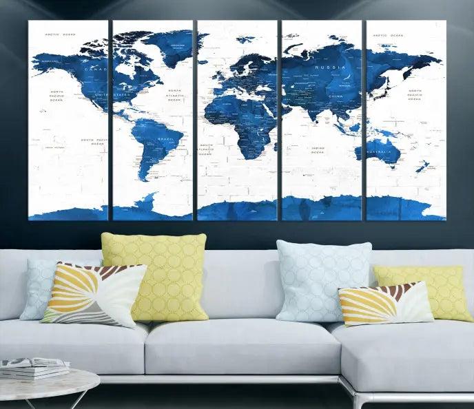 Blue World Map Wall Art Canvas Print 