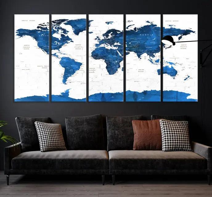 Blue World Map Wall Art Canvas Print 